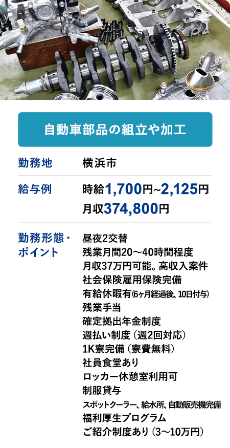 自動車部品の組立や加工 勤務地　横浜市　給与例　時給1700円～2125円 月収 374,800円