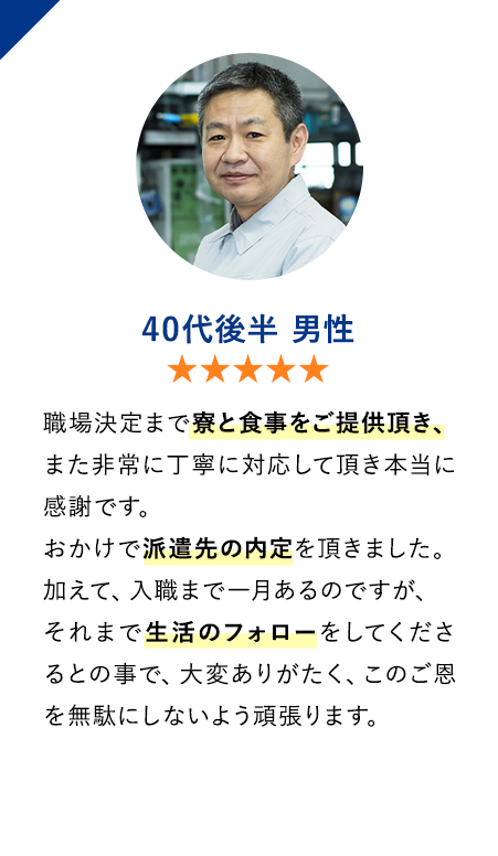 40代後半男性　★★★★★　職場決定まで寮と食事をご提供頂き、また非常に丁寧に対応して頂き本当に感謝です。おかけで派遣先の内定を頂きました。加えて、入職まで一月あるのですが、それまで生活のフォローをしてくださるとの事で、大変ありがたく、このご恩を無駄にしないよう頑張ります。
