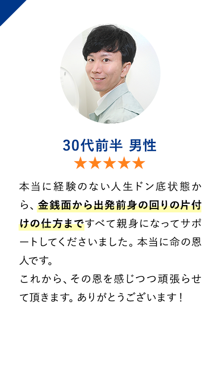 30代前半男性　★★★★★　本当に経験のない人生ドン底状態から、金銭面から出発前身の回りの片付けの仕方まですべて親身になってサポートしてくださいました。本当に命の恩人です。
                        これから、その恩を感じつつ頑張らせて頂きます。ありがとうございます！